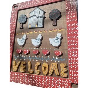 Handcrafted Wooden Welcome Sign with House, Trees, and Chickens